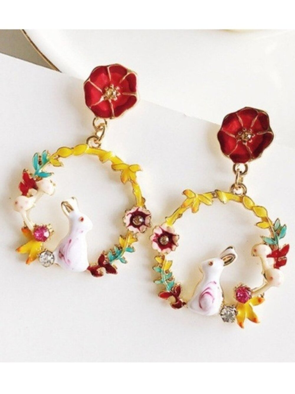 Red Flower White Bunny Peter Rabbit Yellow Gold Plated Drop Earrings